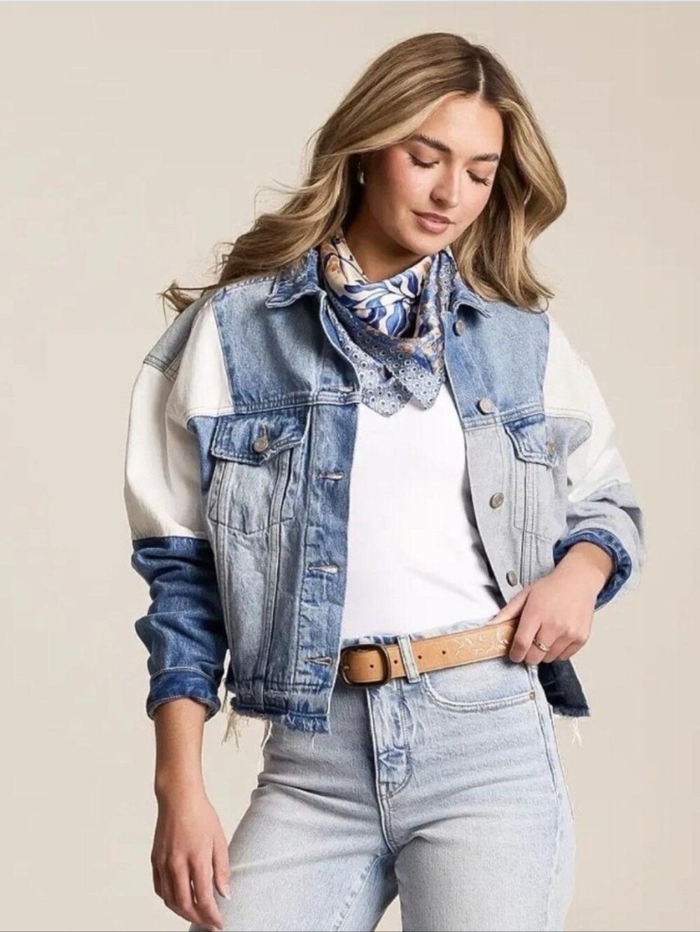 Denim Distressed Patchwork Blue White Cropped Jacket Large